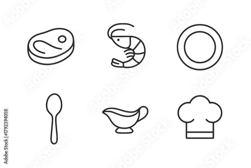 Outline icons of steak, shrimp, plate, spoon, gravy boat, chef hat for culinary themes