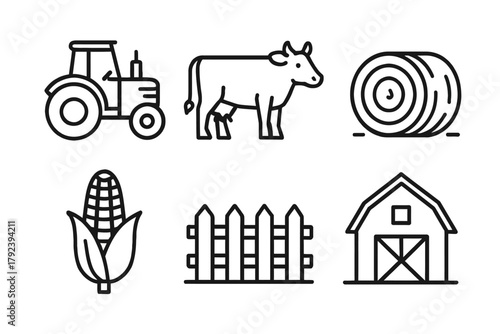 Outline icons of tractor, cow, hay bale, corn, fence, and barn - farming elements