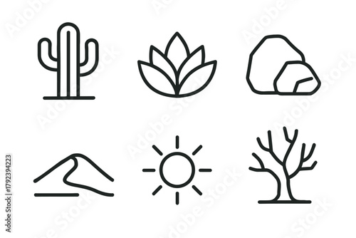 Minimalist desert themed icons featuring cactus, sun, and trees