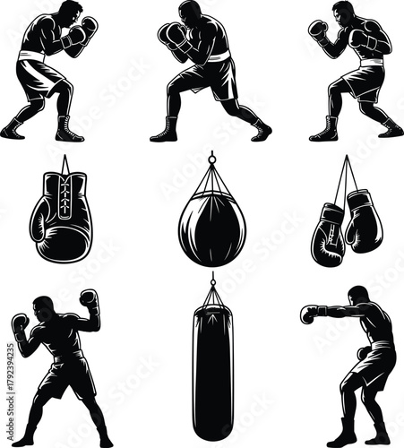 Boxing silhouette, fighter training, punching bag, boxing gloves, athlete workout, sports illustration, martial art, competition, fitness concept, vector design