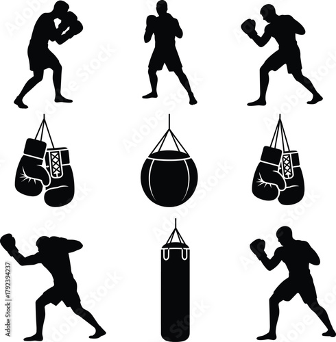 Boxing silhouettes, fighters training with punching bags and gloves, martial arts vector, sports workout illustration, fitness, gym, competition, exercise