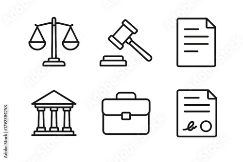 Legal symbols collection including scales, gavel, documents, courthouse, and briefcase