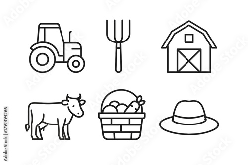 Farm icons set featuring tractor, pitchfork, barn, cow, produce basket, hat