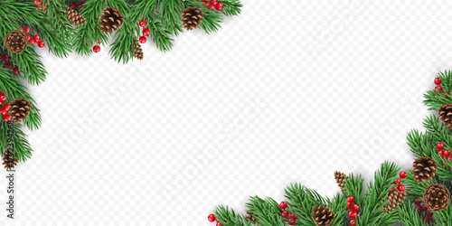 Vector frame with pine tree branches, cones and red berries, isolated on a transparent background. Holiday border fir tree branch for winter banner, poster, greeting card.