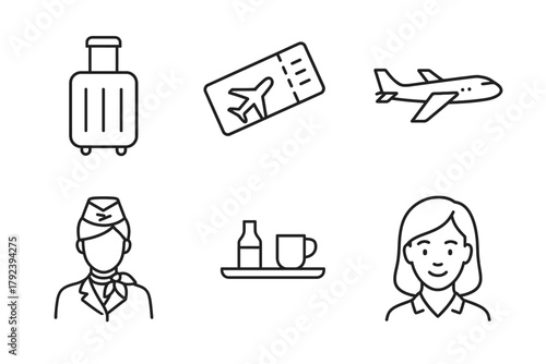Airline travel icons: luggage, ticket, airplane, flight attendant, refreshments, female passenger