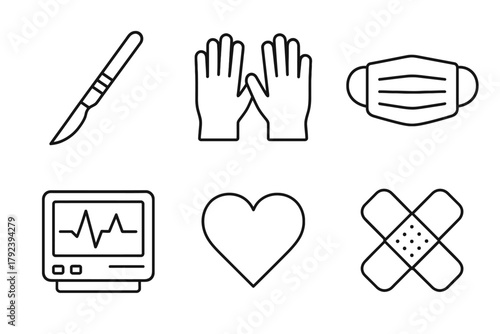 Medical line icons: scalpel, gloves, mask, monitor, heart, bandage