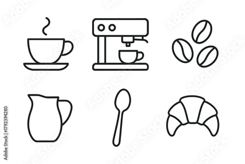 Coffee icons: cup, espresso machine, beans, pitcher, spoon, croissant