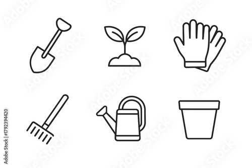 Set of gardening icons: shovel, plant, gloves, rake, watering can, pot