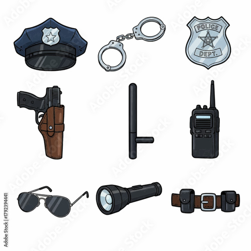 Police Equipment Icons Set Law Enforcement Tools and Accessories Collection