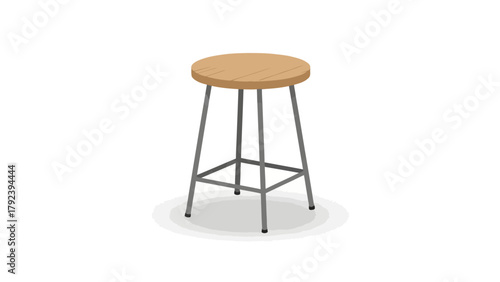 A wooden stool with a metal frame on a white background