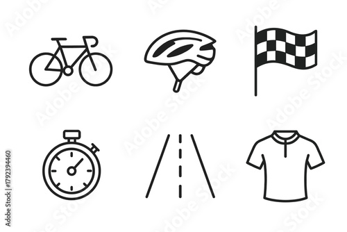 Cycling icons: bicycle, helmet, finish flag, stopwatch, road, jersey