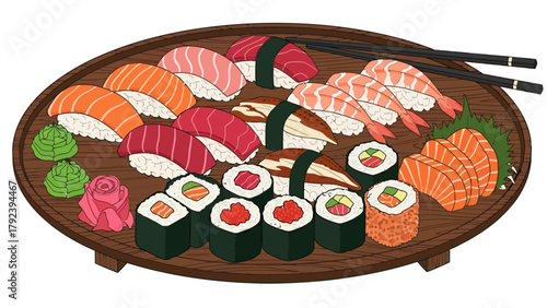 A wooden platter displays a colorful assortment of sushi and sashimi