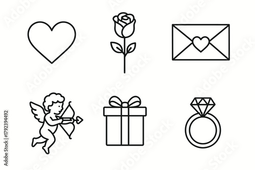 Romantic icons: heart, rose, cupid, love letter, gift, diamond ring