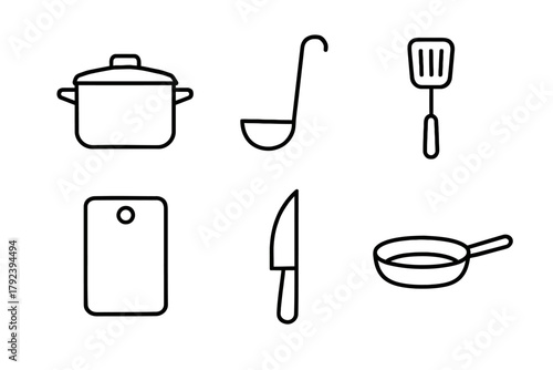 Minimalist kitchen utensils icon set: pot, ladle, spatula, cutting board, knife, frying pan