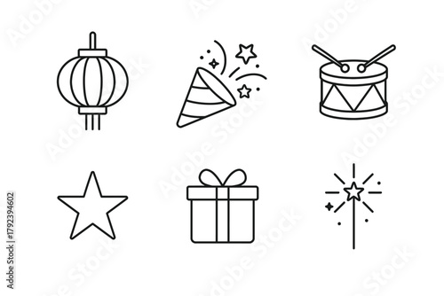 Party celebration icons: lantern, confetti, drum, star, gift, sparkler