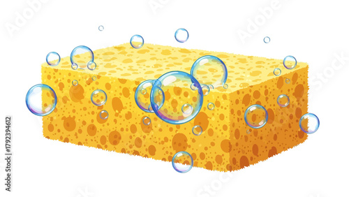 A yellow sponge with many bubbles floating around it