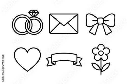 Simple wedding icons: rings, envelope, bow, heart, banner, flower in black outline