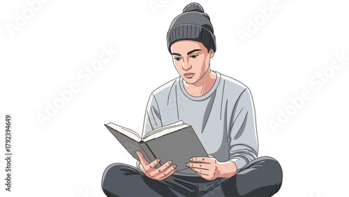 A young person in a beanie reads a book