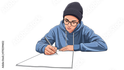 A young person in glasses and beanie writes with a pen