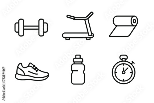 Fitness icons: dumbbell, treadmill, yoga mat, shoe, water bottle, stopwatch