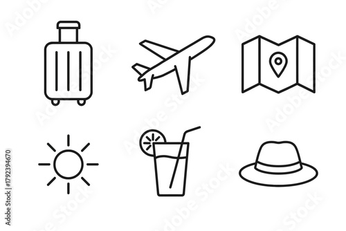 Travel icons: luggage, airplane, map, sun, drink, hat illustrations