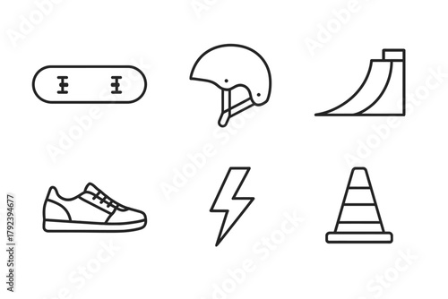 Skateboarding essentials: helmet, ramp, skateboard, shoe, lightning, cone icons