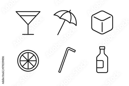 Cocktail icons set: martini glass, umbrella, ice cube, citrus slice, straw, bottle