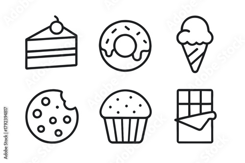 Simple icons of desserts: cake, donut, ice cream, cookie, muffin, chocolate bar