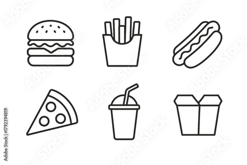 Minimalist fast food icons: burger, fries, hot dog, pizza, drink, takeout box