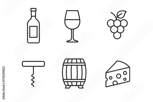 Wine icons set: bottle, glass, grapes, corkscrew, barrel, cheese