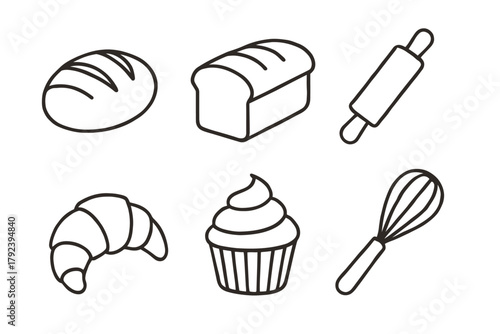 Line art bakery icons: bread, rolling pin, croissant, cupcake, whisk