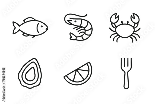 Simple seafood icons: fish, shrimp, crab, oyster, lemon, fork line art