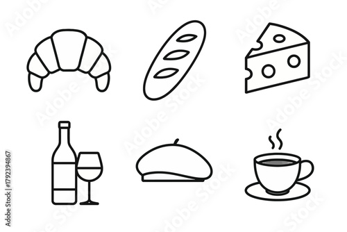 French cuisine icons: croissant, baguette, cheese, wine, beret, coffee