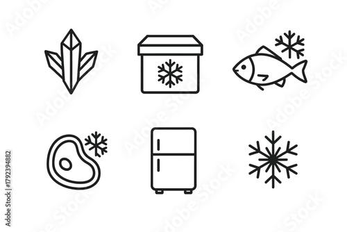 Food preservation icons: refrigerator, fish, meat, crystal, box, snowflake symbols