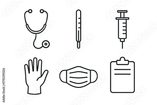Medical equipment icons: stethoscope, thermometer, syringe, glove, mask, clipboard