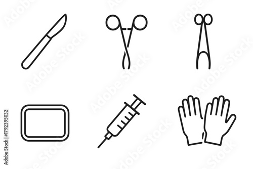 Surgical instruments set: scalpel, scissors, forceps, tray, syringe, gloves