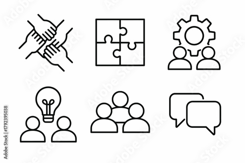 Icons of teamwork and collaboration with puzzle and bulb symbols