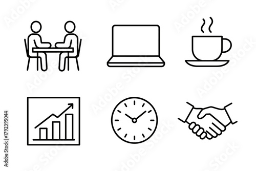 Business meeting and productivity symbols: laptop, coffee, graph, clock, handshake icons