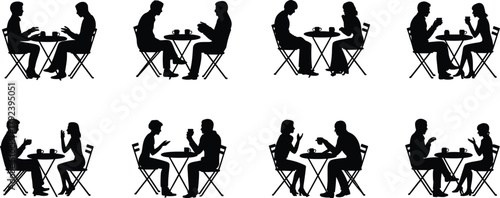 Couple sitting at café, people talking over coffee, restaurant conversation, romantic date, communication concept, social interaction, friendship, silhouette vector illustration