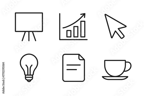 Minimalist icon set featuring presentation board, graph, cursor, lightbulb, document, coffee cup