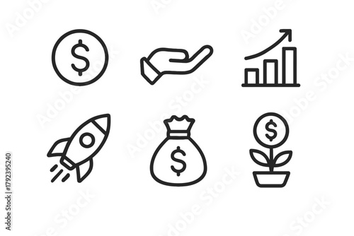 Set of business and finance icons with dollar sign, growth chart, rocket launch, and money bag