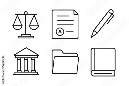 Law and education icons: scales, contract, pen, courthouse, folder, book