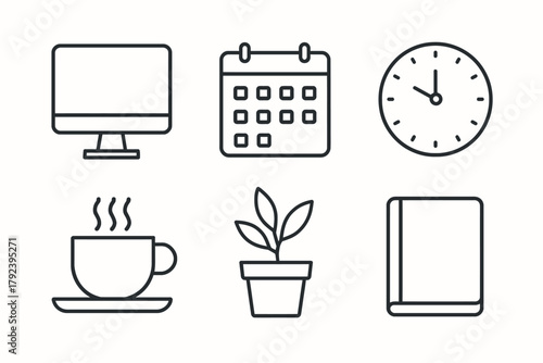 Minimalist office icons: monitor, calendar, clock, coffee, plant, book