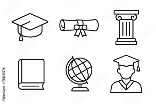 Education icons: graduation cap, diploma, column, book, globe, graduate
