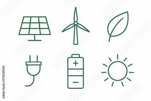 Renewable energy icons featuring solar panel, wind turbine, leaf, plug, battery, and sun
