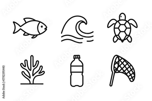 Ocean conservation symbols: fish, wave, turtle, coral, bottle, net