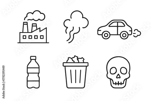 Environmental impact icons: pollution, waste, emissions, and toxicity symbols