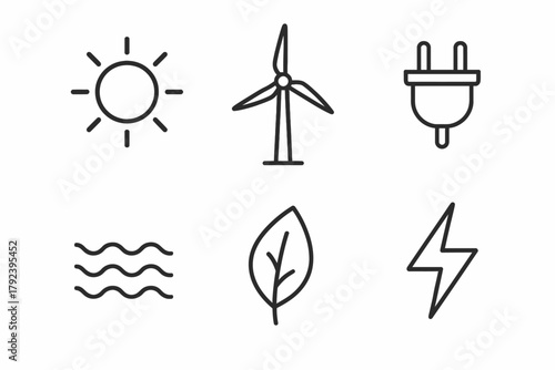 Renewable energy icons: solar, wind, electric, hydro, leaf, lightning symbols