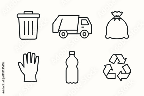 Recycling and waste management icons: bin, truck, bag, glove, bottle, recycle symbol