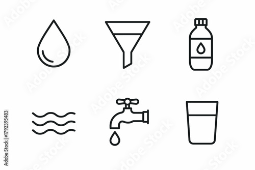 Water filtration icons: drop, funnel, bottle, waves, tap, glass